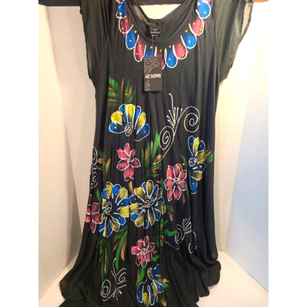 NWT One Size Ace Fashion Black Hand Painted Floral Tunic Sundress Swimsuit Cover
